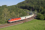 Im Bogen über den Abfaltersbachgraben-Viadukt fährt 1144.098 mit G-56256 am Eichberg. 25.8.16