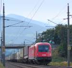 Die glnzende 1216 127 schiebt am 10.09.09 einen KLV-Zug zum Brenner nach, KM 50 Unterinntalbahn.