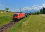 1216 145 mit einem leeren Autozug am 05.06.2015 bei Rosenbach. 