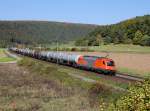 Die 1216 901 mit einem Kesselzug am 11.10.2012 unterwegs bei Harrbach.