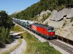 Die 1293 005 mit einem Autozug am 21.09.2019 unterwegs bei Hrastovlje.