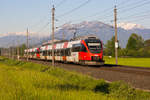 4024 23-6 in Doppeltraktion auf dem Weg nach Bregenz Hafen als S1. Kurz vor Dornbirn. 22.5.17