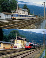 Bilder von der ÖBB einst und jetzt: Nicht viel geändert hat sich auf den beiden Aufnahmen des Bahnhofes Ossiach-Bodensdorf an der Bahnstrecke von Villach nach St. Veit an der Glan, die Mitte der 1980er Jahre bzw. im August 2010 entstanden sind. Allerdings wurde der frühere  Transalpin  4130.01 bereits 1998 ausgemustert und heute versehen hier Triebwagen der Reihe 4024 den Dienst.