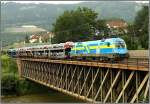 EM Lok 1116 029 Schweden fhrt mit einem Autozug ber die Murbrcke in Leoben.
31.7.2008