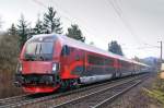 Der BB-Railjet 80-90 704 (Spirit of Austria) & 1116 204 bei einer Schulungsfahrt SPROB 93254 aufgenommen am 11.11.2008 um 08:03 zwischen Pressbaum und Drrwien.