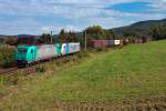 185 609 und 185 RuhrtalbahnCargo mit einem Containerzug, nachmittags zwischen Hofstatt und Neulengbach Stadt, um 15:30, Richtung Westen.