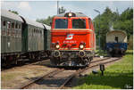 Die blutorange Diesellok 2143 070 fährt mit dem Reblaus Express 16970 von Retz nach Drosendorf, hier beim Stürzen in Drosendorf.