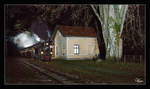 Spätabends fährt die Dampflok 498.04 mit einem Adventzug im Bahnhof Pergern ein.