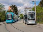 Graz. Variobahn 223 und 238 stehen hier am 03.05.2021 in der Laudongasse.
