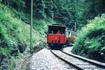 Straßenbahn Innsbruck__Mittelgebirgsbahn__Zug der Linie 6 mit Bw 102 [Graz 1900] am Zugschluß auf Talfahrt nach Bergisel.__20-08-1973