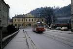 Innsbruck IVB SL 1 (ex Bielefeld Dwag-GT6 37) Andreas-Hofer-Strasse / Egger-Lienz-Strasse / Westbahnhof im Februar 1987.