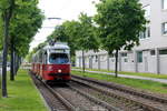 Wien Wiener Linien SL 25: E1 4795 + c4 1323 nähern sich am Nachmittag des 12. Mai 2017 der Haltestelle Trondheimgasse in der Langobardenstraße (im 22. Bezirk, Donaustadt).