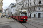 Wien Wiener Linien SL 49 (E1 4539 (Bombardier-Rotax 1974) + c1 1357 (Bombardier-Rotax 1976)) VII, Neubau, Siebensterngasse / Kirchengasse / Siebensternplatz am 11. Feber / Februar 2019.