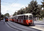 Wien Wiener Stadtwerke-Verkehrsbetriebe (WVB) SL 10 (E1 4536 (Bombardier-Rotax, vorm. Lohnerwerke in Wien-Floridsdorf, 1974) XVII, Hernals, Dornbach, Hernalser Hauptstraße / Endstation Dornbach im Juli 1992. - Scan eines Diapositivs. Film: Kodak Ektachrome. Kamera: Leica CL.