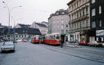 Wien Wiener Stadtwerke-Verkehrsbetriebe (WVB) SL 5 (L3 469 / c3 1256 (Lohnerwerke 1958 bzw. 1961)) II, Leopoldstadt, Nordwestbahnstraße / Taborstraße im Juli 1977. - Scan eines Diapositivs. Kamera: Leica CL.