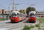 Wien Wiener Stadtwerke-Verkehrsbetriebe (WVB) SL 25 (E1 4803 (SGP 1973) / E1 4828 (SGP 1974) XXII, Donaustadt, Langobardenstraße / Zschokkegasse (Endst. Stadlau) Juli 1992. - Die Zschokkegasse wurde 1933 nach dem Schriftsteller og politischen Publizisten Heinrich Zschokke benannt. Er lebte von 1771 bis 1848. - Scan von einem Farbnegativ. Film: Kodak Gold 200. Kamera: Minolta XG-1.