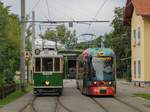 Graz. Ein Generationentreffen in Mariatrost: TW 121+60B traf aam 26.07.2020 im Zuge des Öffnungstages im Tramway Museum auf Cityrunner 652.