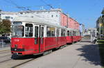 Wien Wiener Linien SL 25 (c4 1316 (Bombardier-Rotax 1974)) + E1 4780 (SGP 1972)) XXII, Donaustadt, Langobardenstraße / Hardeggasse (Hst. Hardeggasse) am 25. Juli 2018.