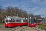 F 711 während einer Sonderfahrt neben D 305 auf der Linie 11 am Frödenplatz, 18.03.2023