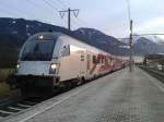 railjet 632 (Lienz - Wien Hauptbahnhof) beim kurzen Aufenthalt im Bahnhof Greifenburg-Weißensee, 18.12.2014