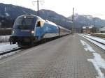 In der Regel nur zwischen Graz und Praha anzutreffen, war 1216 236 mit einer Ersatzgarnitur fr railjet 632 (Lienz - Wien Hbf) in Drautal unterwegs. Hier beim Halt im Bahnhof Greifenburg-Weiensee am 7.1.2015