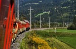 Blick aus dem SR 17072 auf der Fahrt von Spittal-Millstättersee nach Lienz. Aufgenommen am 28.8.2016 bei Berg im Drautal.
Zuglok war 1020 018-6.