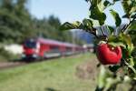 Fotoexperiment  Apfel und Railjet  bei Stbing am 2.10.2013. 