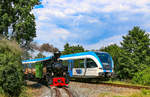 Juni 2015.
764.411 R trifft im Bahnhof Preding Wieselsdorf auf GTW 08