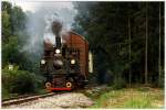 Dampflok 298.56 fährt auf der Stainzerbahn, mit einem aufgeschemelten Güterzug von Kraubath nach Stainz.