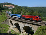 Der RJ 71  Gustav Mahler  überquerte am 25. August 2016 mit 1216 231 das 16 Meter hohe und 44 Meter lange Kartnerkogel-Viadukt. Im Hintergrund zu sehen ist das 1909 fertiggestellten Kurhaus in welchem auch die Tochter Gustav Mahlers,  Anna weilte und während ihres Kuraufenthaltes hier ihren späteren Ehemann den Verleger Paul Zsolnay näher kennengelernt haben soll. :)