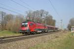 Ein seltener Gast auf der Südbahn. 1116.208  Vollbetrieb Wien-Hauptbahnhof  als RJ-657 vor Gloggnitz am 20.3.16