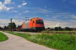 Die 1216 901-9 von RTS zieht am 02. August 2014 einen aus Flachwagen bestehenden Zug in Richtung Salzburg bei Übersee am Chiemsee. 