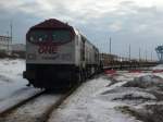 OHE-Tiger 330090 am 24.Februar 2010 mit leeren Holzwagen im F�hrhafen ...