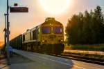 Class 66 Freightliner PL (mit Staubfahne) durchfährt im Gegenlicht den Bahnhof Strasburg (Uckermark).