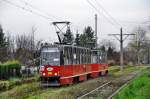 Konstal 105Na Wagen 456 auf der Linie 19 von  Katowice Plac Miarki  Richtung  Stroszek Zajezdnia  fahrend auf dem berland-abschnitt zwischen  Dąbrowa Miejska Węglowa  und  Dąbrowa Miejska Leśna  (30.10.13)