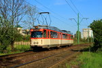 Straßenbahn Poznan: Aus Frankfurt/Main wurden einige O-Wagen übernommen, hier ist der GT8Z 904 in der Frankfurter Farbgebung am 05.05.2016 von Franowo zum Rynek Jezycki kurz vor der
