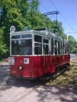 Historische Linke-Hofmann-Busch-Straenbahn  Baba Jaga  in Breslau (Wroclaw) auf Hhe der Jahrhunderthalle. Mai 2013