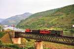 Der Zug, der mit Lok 9030 an der Spitze den Rio Corgo bei Rgua berquert, ist kein Sonderzug fr Bahn-Nostalgiker, sondern der planmige Personenzug nach Chaves (10. Mai 1988). Seit 1990 enden die Zge in Vila Real.