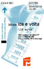 LISBOA (Distrikt Lisboa), 23.02.2004, Hin- und Rückfahrkarte für die Metro -- Fahrkarte eingescannt