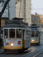 Historische Straßenbahnwagen, genannt Remodelado in der portugiesischen Hauptstadt. (Lissabon, Januar 2017)