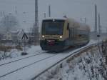 PRESS Eisenbahn-Bau- und Betriebsgesellschaft Pressnitztalbahn mbH Bei starkem Schneefall verlie� am 22.Dezember 2009 der PRESS VT 650 032 den Bahnhof Bergen/R�gen.