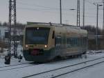 PRESS Eisenbahn-Bau- und Betriebsgesellschaft Pressnitztalbahn mbH Einfahrender PRESS VT 650 032 am 16.Januar 2010 in Bergen/R�gen.