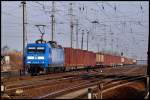 145 023-6 -Press- mit leeren Holzwagen unterwegs nach Grimmen.  ...
