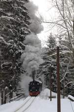 Presnitztalbahn 99 4511 verl�sst am 13.02.2010 mit mit viel get��e den Hp Andreas-Gegendrum Stollen.