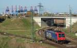 Re 482 Re 482 042-9 rollt am 17.04.10 als Lz aus Hamburg-Waltershof in den Rbf Alte-S�derelbe. Im Hintergrund sind die gro�en Containerbr�cken des Eurogate ud des Burchardkai zu sehen.