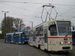 rostock Tatra-Stra�enbahn vom Typ T6A2 mit Bildern von Zeitungsausschnitten �ber den Mauerfall stand am 08.05.10(20 Jahre Tatrabahn in Rostock)auf dem Gel�nde der Rostocker Stra�enbahn AG