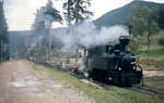 Auf der Fahrt zum Verladeplatz legt 764-449 der Waldbahn Moldovita im August 1992 einen Zwischenhalt zum Wasserfassen ein. Das Wasser wurde mittels Dampfstrahlpumpe dem direkt neben der Bahn fließenden Gewässer entnommen. (Anmerkung zur Geoposition: Die Waldbahnen sind inzwischen längst verschwunden und auf Google Maps keine Spuren mehr von ihnen zu entdecken. Die genaue Position ist daher nicht mehr auffindbar. Daher ist der angegebene Fotostandpunkt nur als eine Annäherung zu verstehen)