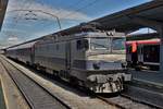 SNTFC 410 241 mit dem IR 1632 von Ploiesti West kurz nach der Ankunft im Bahnhof Bukarest Nord.
Die Fahrkartenkontrolle in den drei Wagen wurde mit vier Bediensteten durchgeführt.