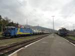 Zwei E-Locks der Baureihe 40 warten am 27.09.2014 in Bahnhof Predeal auf gruenes Licht fuer die Weiterfahrt in Richtung Brasov.