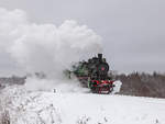 Die Dampflokomotive Su 250-74 fährt mit Nahverkehrszug Bologoje – Ostaschkow zwischen Bahnhöfe Firowo und Ostaschkow am 5. Januar 2019